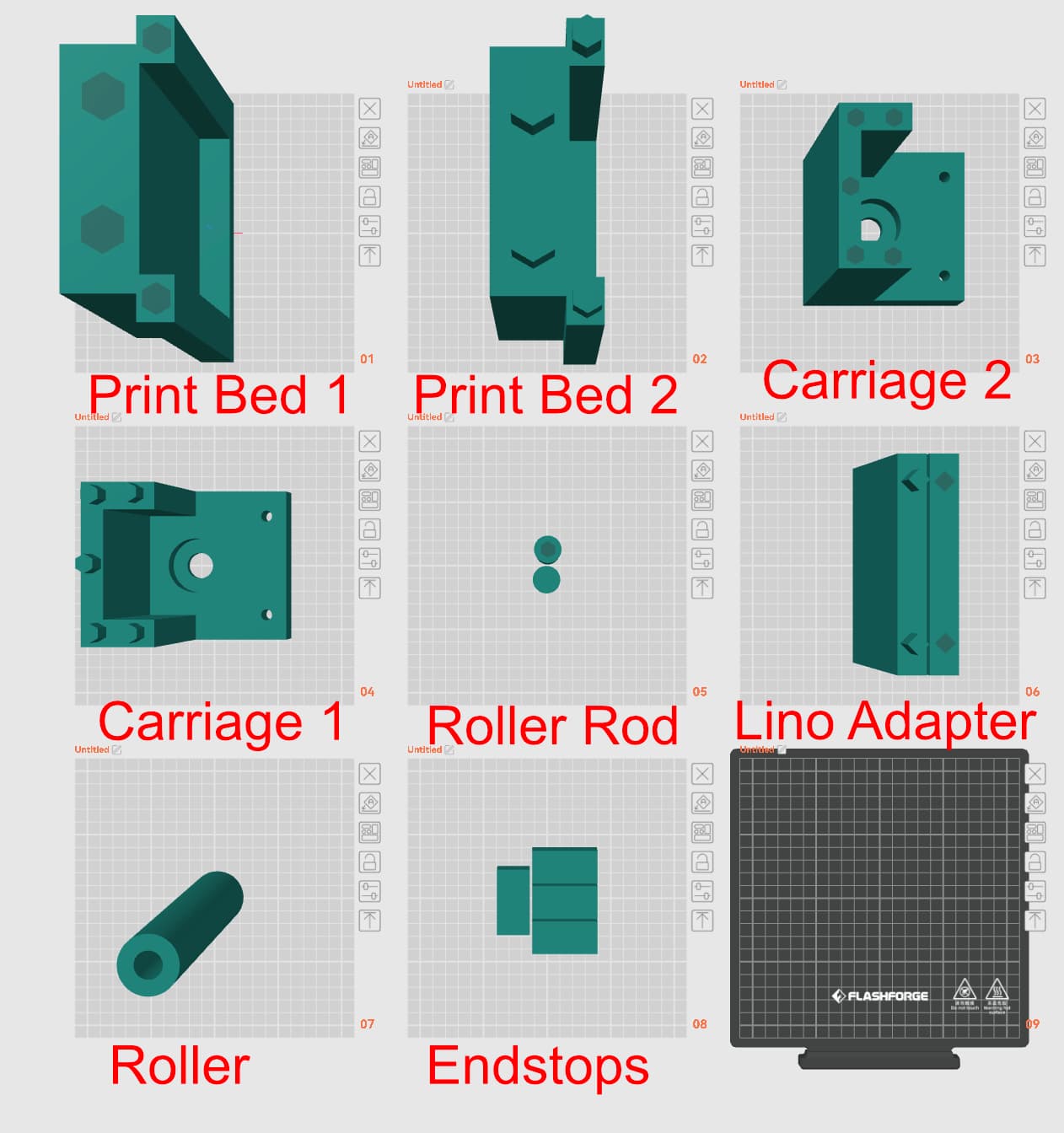 Pica Press 3MF file in a slicer with parts on labeled print beds