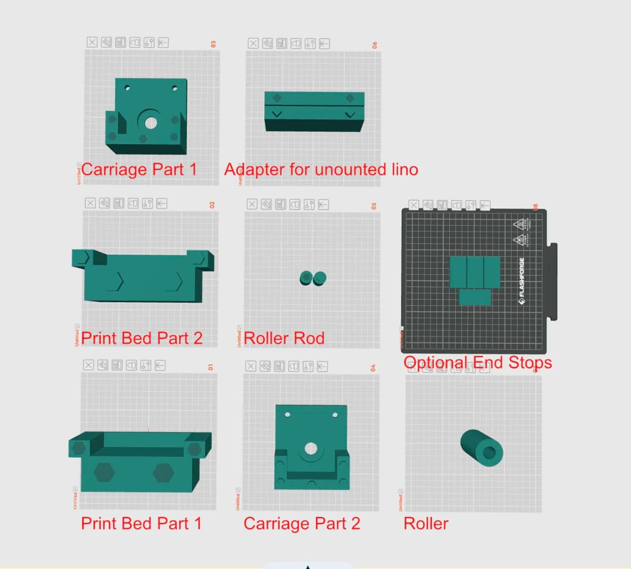Pica Press 3MF file open in a slicer with parts on labeled print beds
